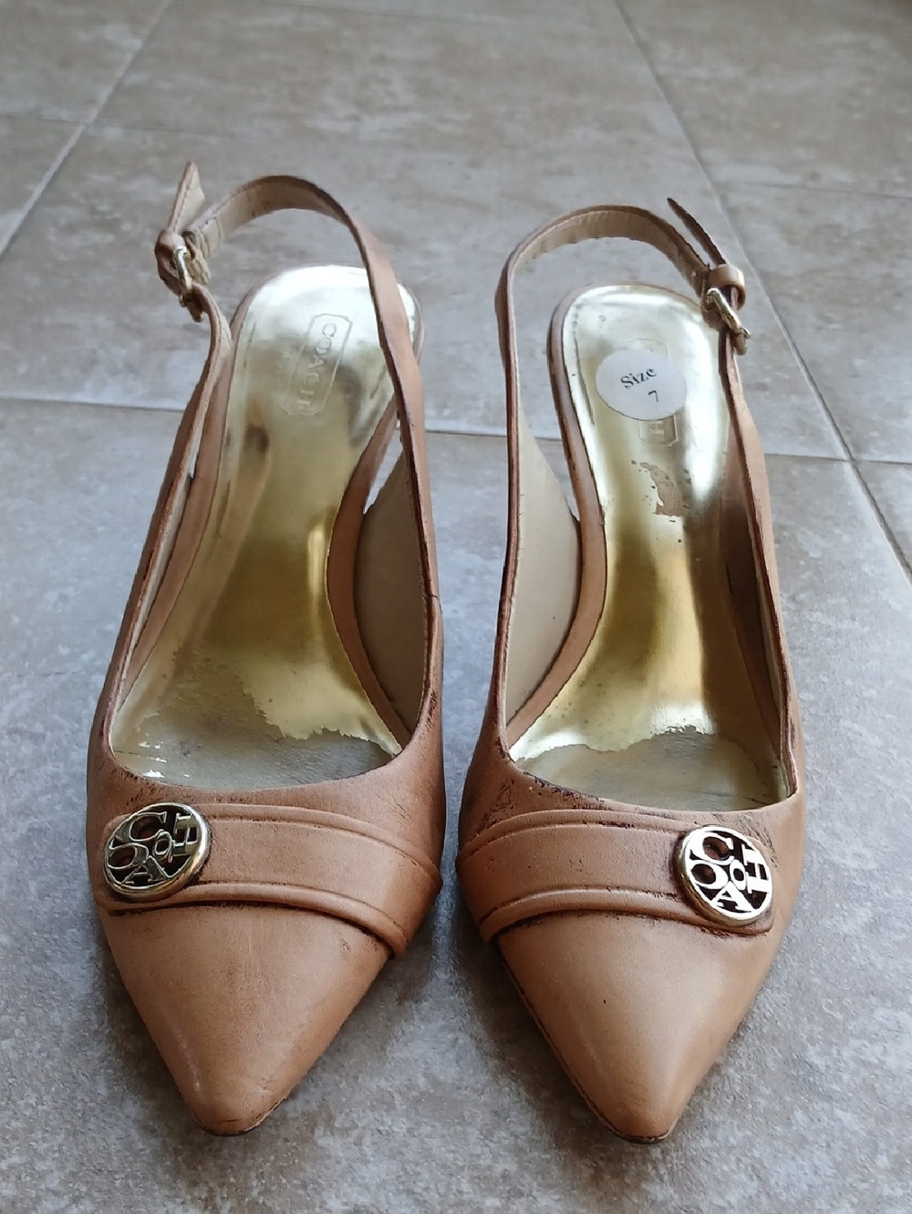 Coach Distressed Painted Leather Pointed Toe Slingback Pumps